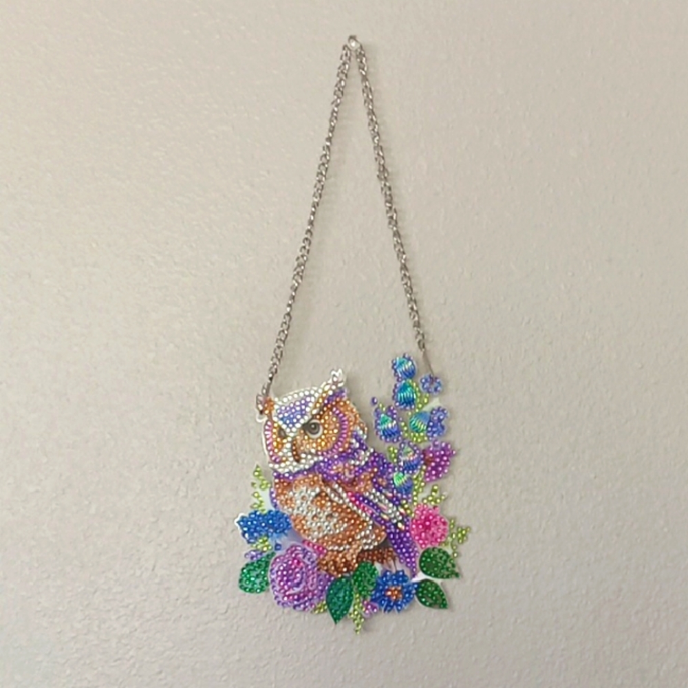 Completed Diamond Art Colorful Beaded Owl Necklace